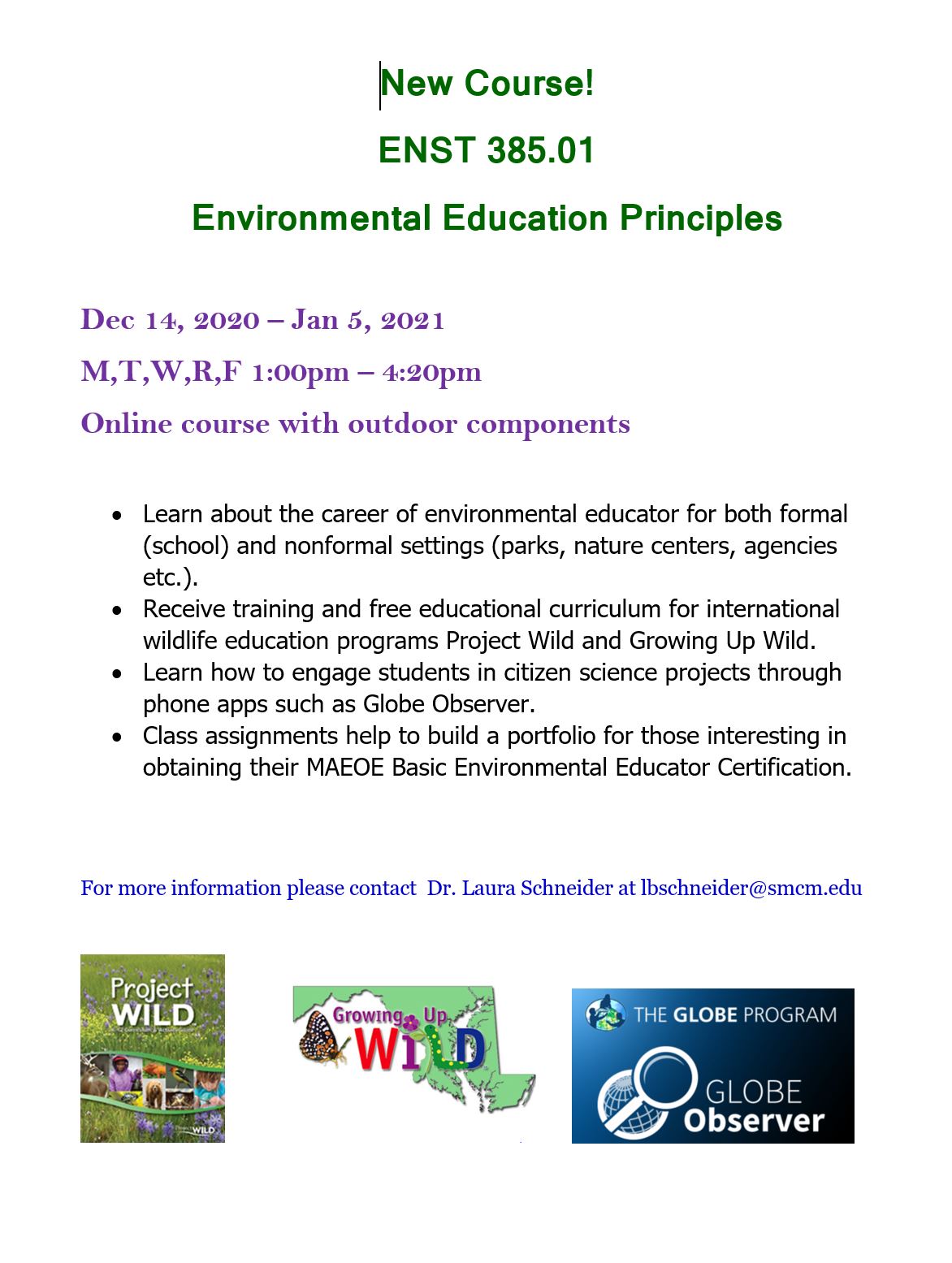 New Course ENST 385.01 Environmental Education Principles St. Marys